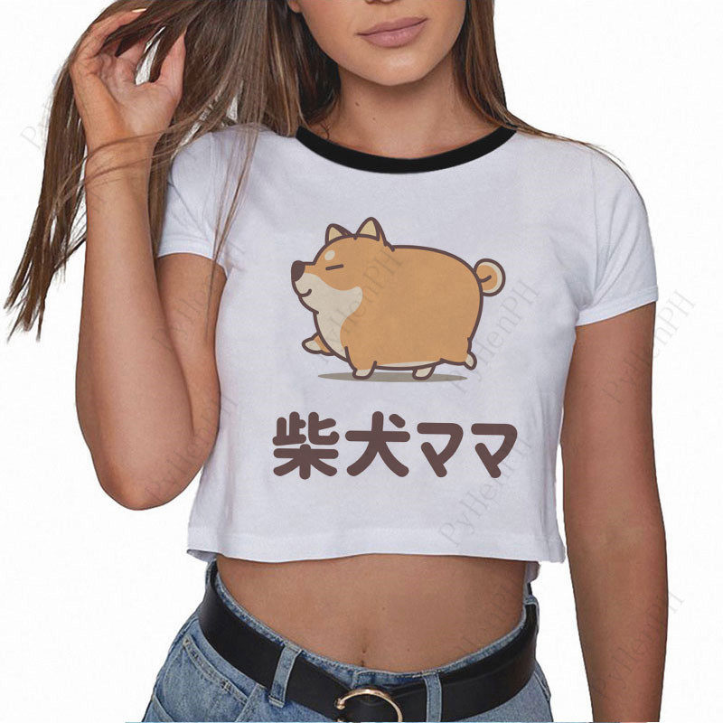 夏季女士可爱柴犬印花T恤时尚百搭短款打底T恤女ins性感露脐短装