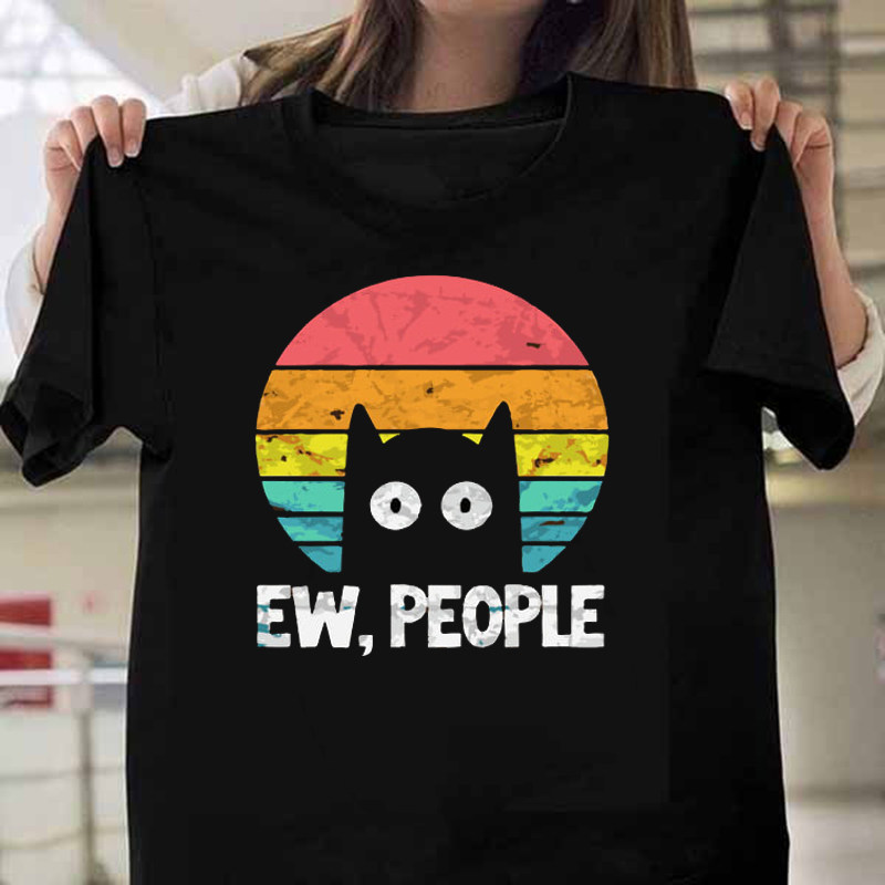 EW People Cat T shirt 夏季黑色短袖T恤休闲大码黑猫体恤上衣服