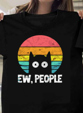 EW People Cat T shirt 夏季黑色短袖T恤休闲大码黑猫体恤上衣服