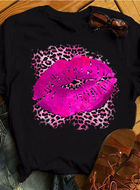Pink Leopard Lips Tshirt 夏季黑色女装个性豹纹嘴唇印花T恤短袖