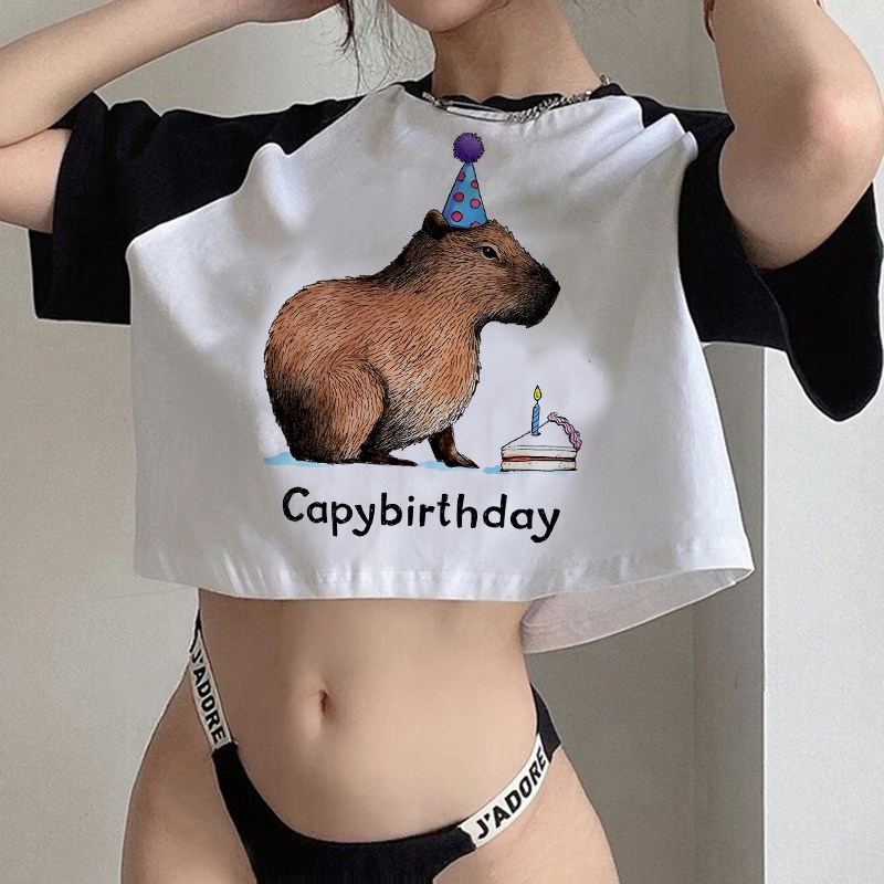 Capybara Print T shirt 欧美风性感露脐短款T恤卡通水豚印花上衣