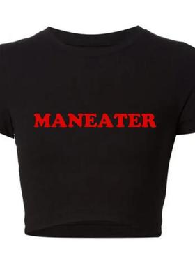 Maneater T shirt 夏季女装性感英文字母印花女士露脐短袖T恤衫