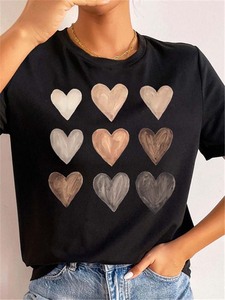 Heart T shirt 夏季黑色短袖女士爱心印花休闲百搭T恤韩版上衣服