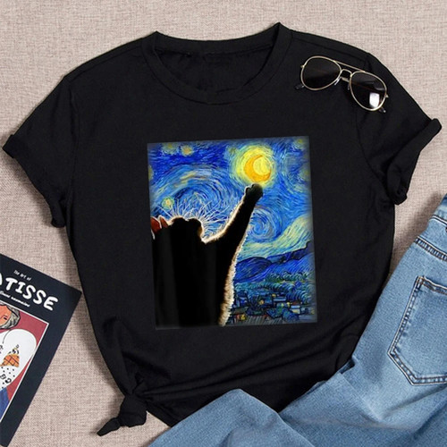 Van Gogh Starry Night Cat 趣味梵高油画夜猫印花T恤男女情侣装