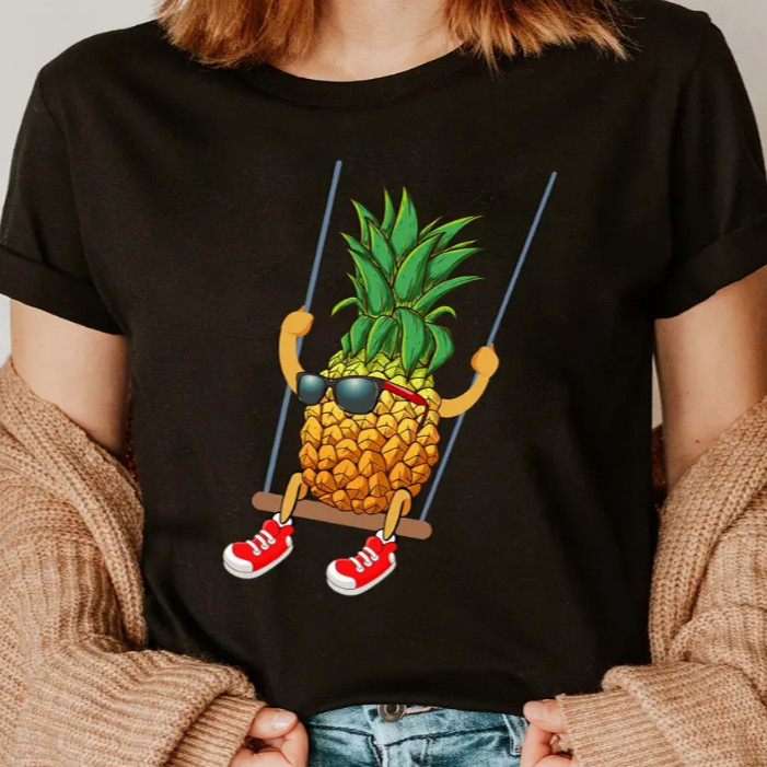 Pineapple T shirt 日系可爱菠萝印花T恤女夏季休闲圆领打底上衣
