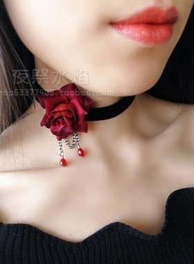 『绽放在苍穹』哥特洛丽塔红玫瑰水晶性感复古简约女短丝绒带项链