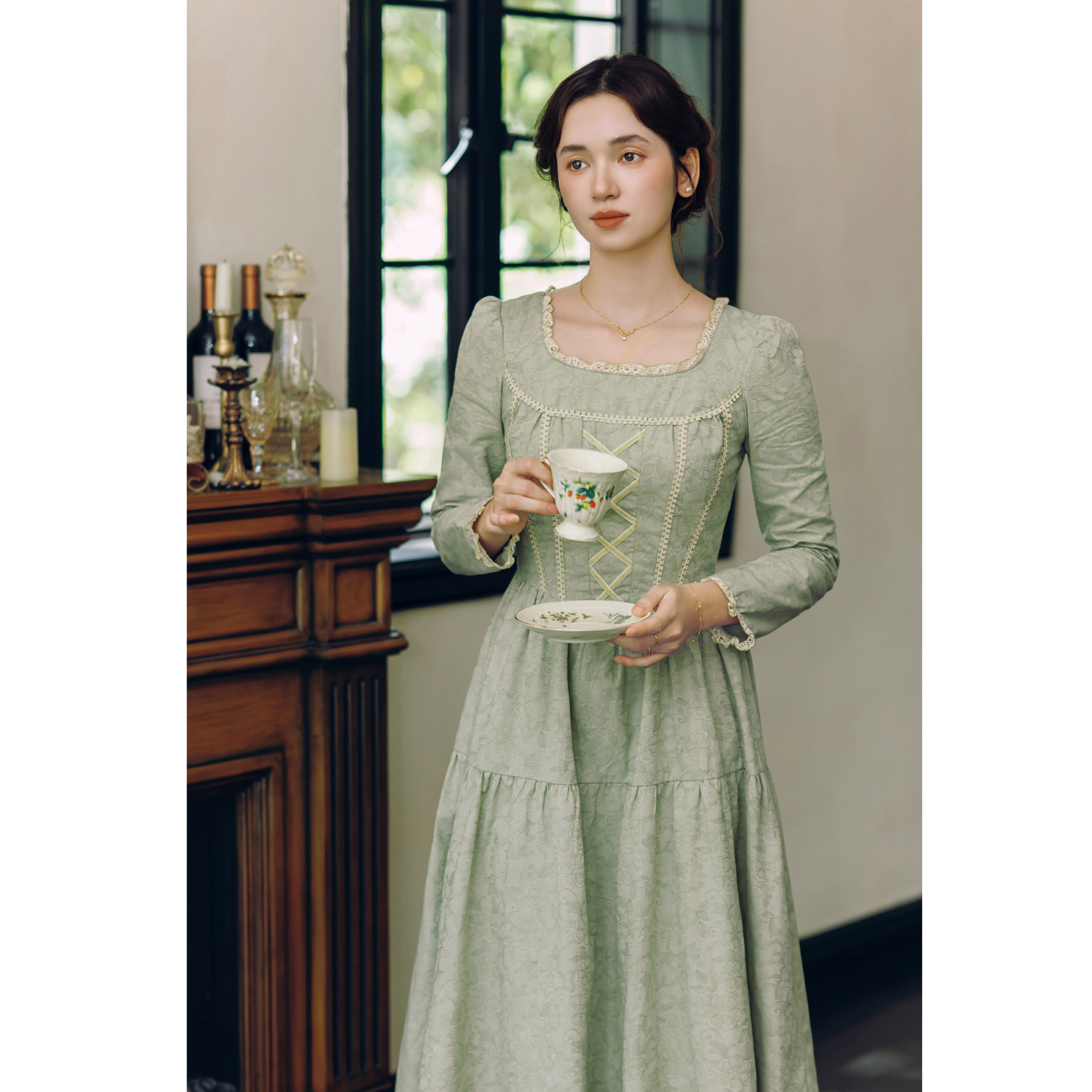 拾光裁缝法式复古棉麻提花连衣裙