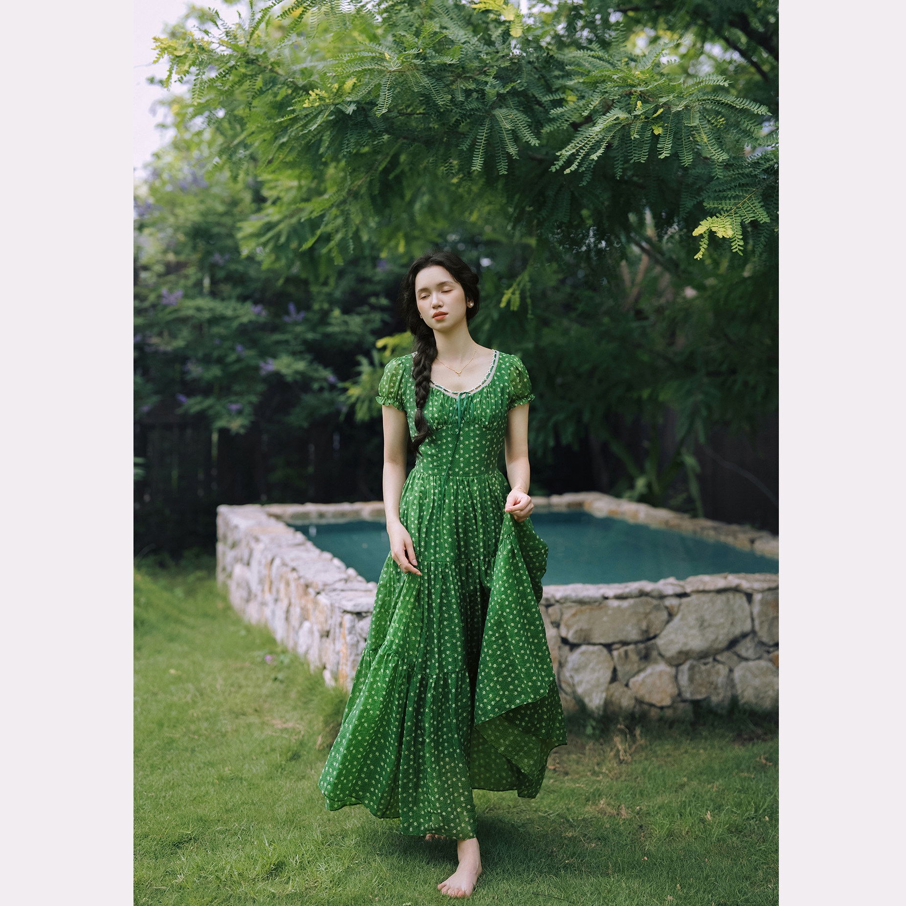 拾光裁缝 盛夏 法式复古田园绿色碎花大摆显瘦收腰度假连衣裙 夏