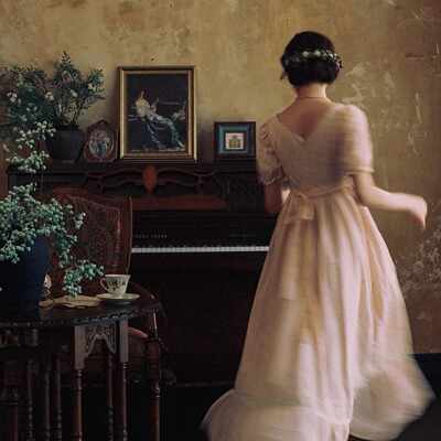 复古宫廷纯棉刺绣高腰帝政连衣裙