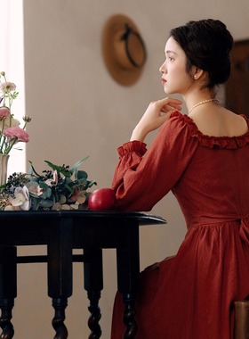 拾光裁缝  温柔陷阱 方领法式复古气质收腰显瘦鱼骨红色连衣裙