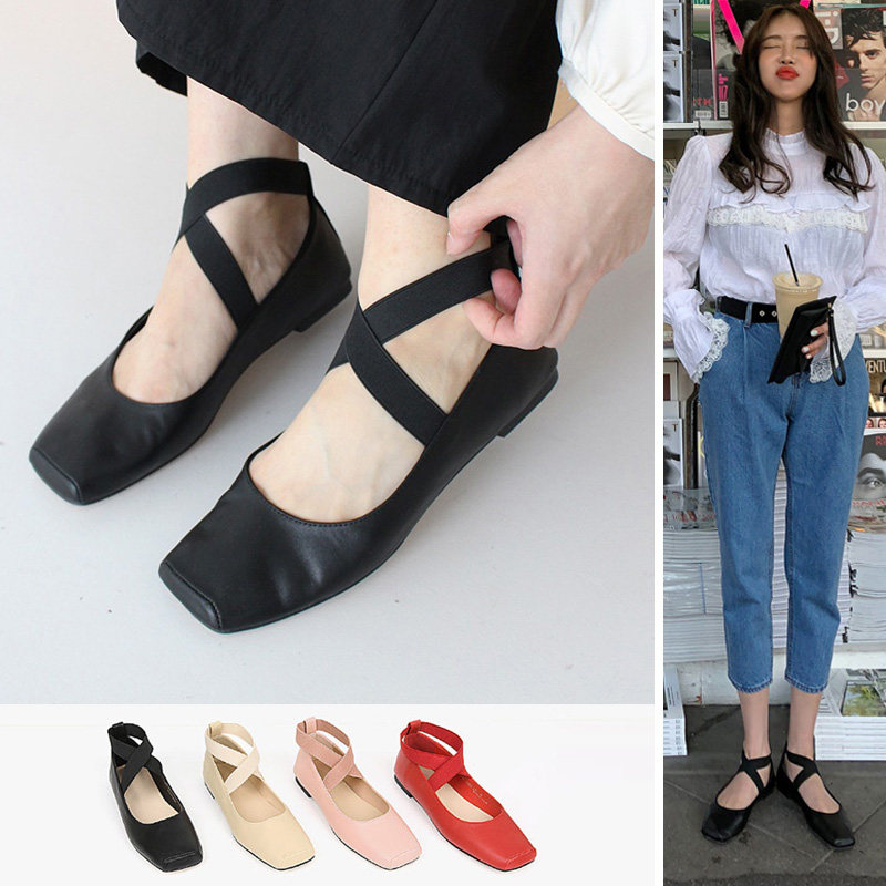 크로스 스트랩이 있는 한국 부드러운 가죽 스퀘어 토 발레 슈즈 여성용 다재다능한 복고풍 요정 메리 제인 플랫 슈즈