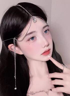 仙女水晶眉心坠精灵异域风情发饰 古风汉服流苏面帘婚纱额饰头链