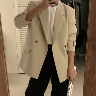 碧舍秋季东大门休闲韩版西服男士浅色百搭外套潮流宽松双排扣上衣