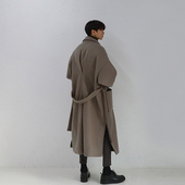 青年男士 宽松落肩 系带韩版 过膝英伦风毛呢大衣男冬季 加厚风衣长款