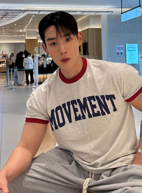 碧舍男士韩版简约休闲圆领字母T恤时尚百搭高街美式棉质ins打底衫