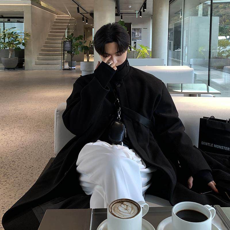 碧舍秋冬新款男士毛呢大衣韩版高街长款过膝黑色加厚风衣慵懒感潮,男装,毛呢大衣,淘宝优惠券,粉丝福利购,淘宝优惠卷