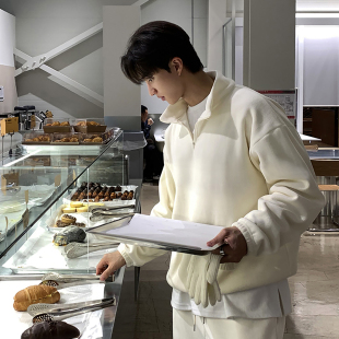 碧舍慵懒感秋冬加绒卫衣韩版潮流微休闲时尚套装套头半拉链外套男