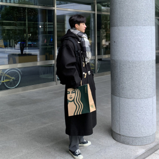 碧舍男装韩版大衣长款过膝连帽毛呢大衣男宽松呢子风衣外套牛角扣