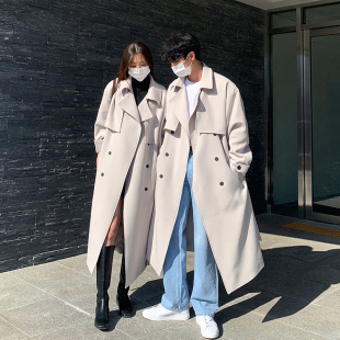 高级感大衣纯色双排扣青年潮 碧舍中长款 春季 风衣宽松韩版 ins男士