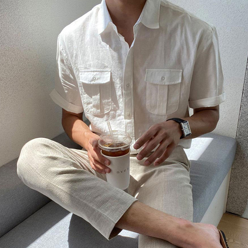 碧舍男士韩版短袖衬衣夏季新款纯色透气薄款衬衫高级感休闲寸衫潮
