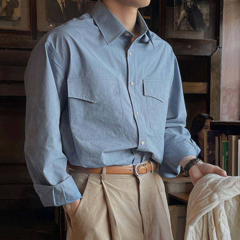 碧舍夏季长袖衬衫韩版大口袋纯色休闲百搭衬衣宽松复古高级感潮流