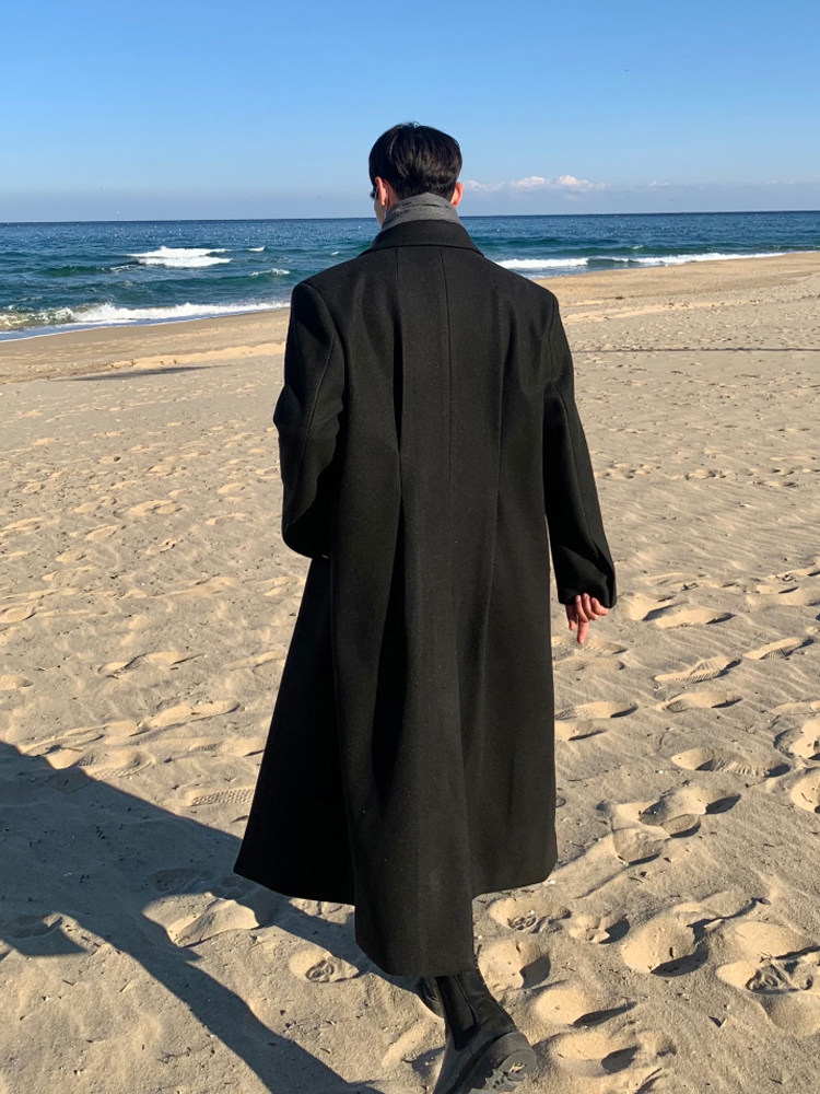 BISHE의 새로운 겨울 두꺼운 따뜻한 모직 코트 남성 캐주얼 한국 스타일 틈새 디자인 긴 라펠 코트