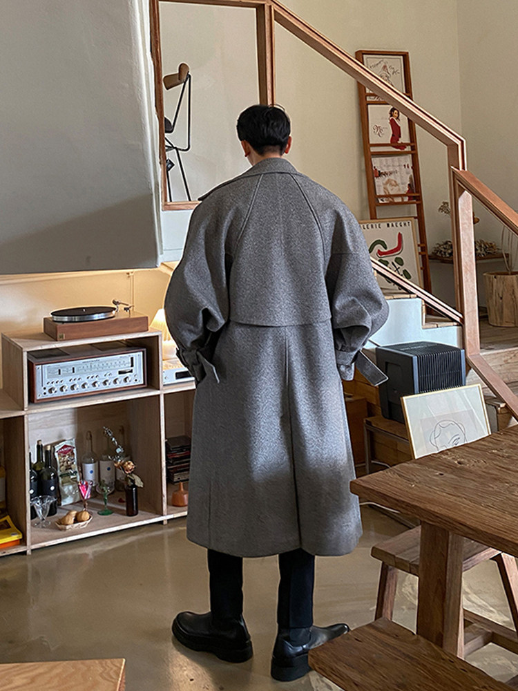 니지 겨울 코트 체크 코트 남성 로브 코트 실루엣 바람막이 남여 모직 코트 남성 중간 길이