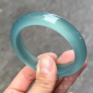 库里蓝高冰种玉髓玛瑙手镯马料正圈晴水玉镯远山黛天然手镯女款