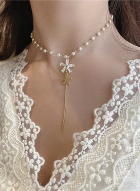 东大门镀真金锆石花朵珍珠项链