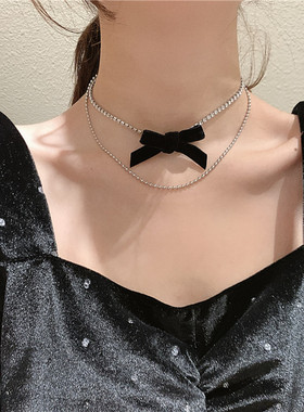 ins韩版双层闪钻黑色蕾丝锁骨链