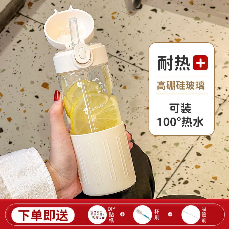 玻璃杯女高颜值高级感轻奢喝水杯子高硼硅吸管杯带盖女士个人专用