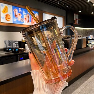 琥珀色玻璃吸管杯带把手咖啡杯