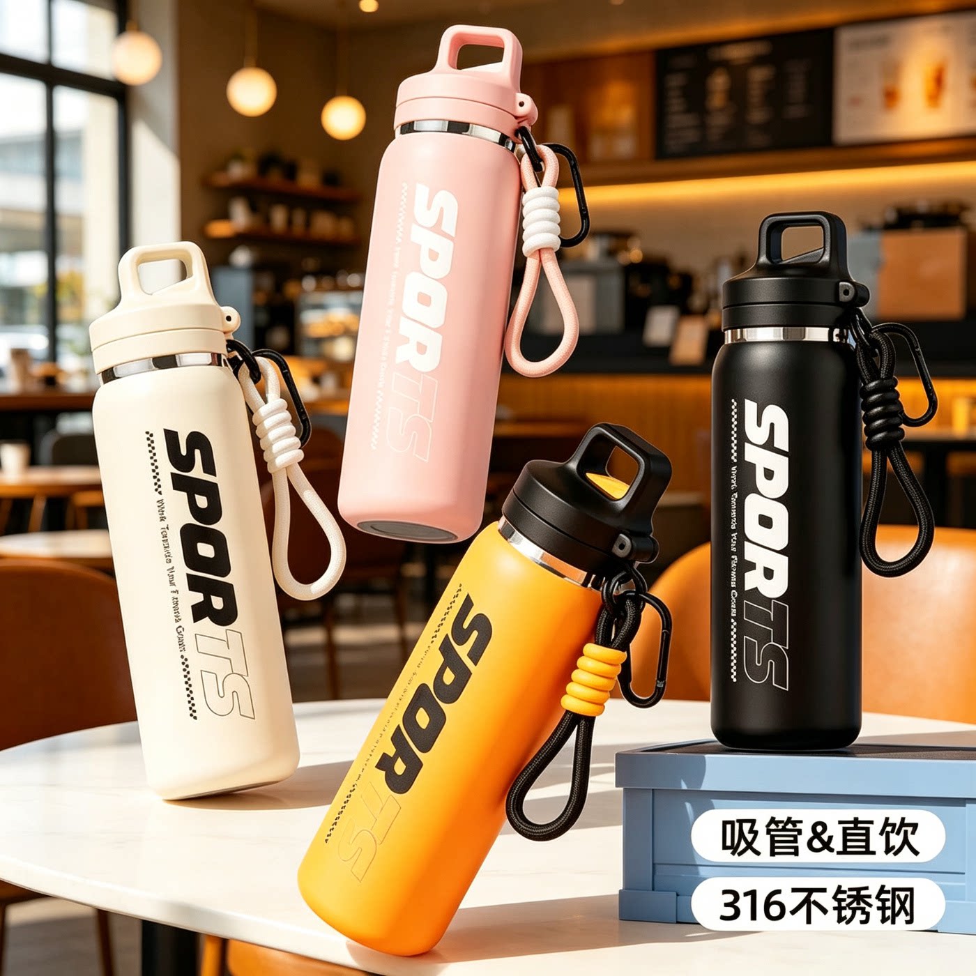 新款一键速开运动保温杯316高大