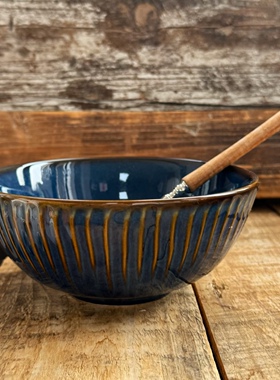 出口外贸窑变釉浮雕蓝色陶瓷餐具面碗汤碗沙拉碗家用简约大碗