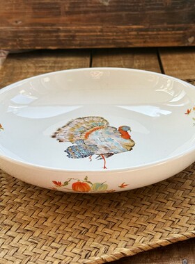 火鸡图案陶瓷深盘菜盘炒菜热菜盘子22.5cm大深盘饺子盘子新中式