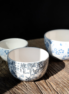 外贸陶瓷餐具冬景蓝色面碗森女风陶瓷碗汤碗/沙拉碗/馄饨碗米饭碗