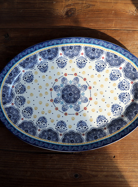 法式蓝色碎花椭圆盘陶瓷长条盘日式料理点心烧烤BBQ盘鱼盘