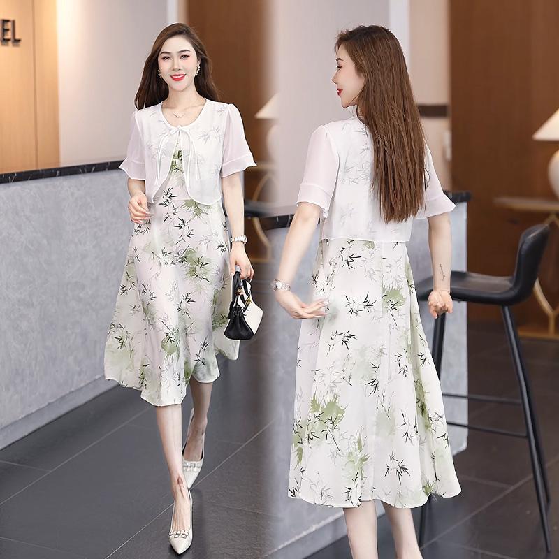 2025夏季新款时尚气质减龄雪纺连衣裙女收腰显瘦中长款假两件裙子