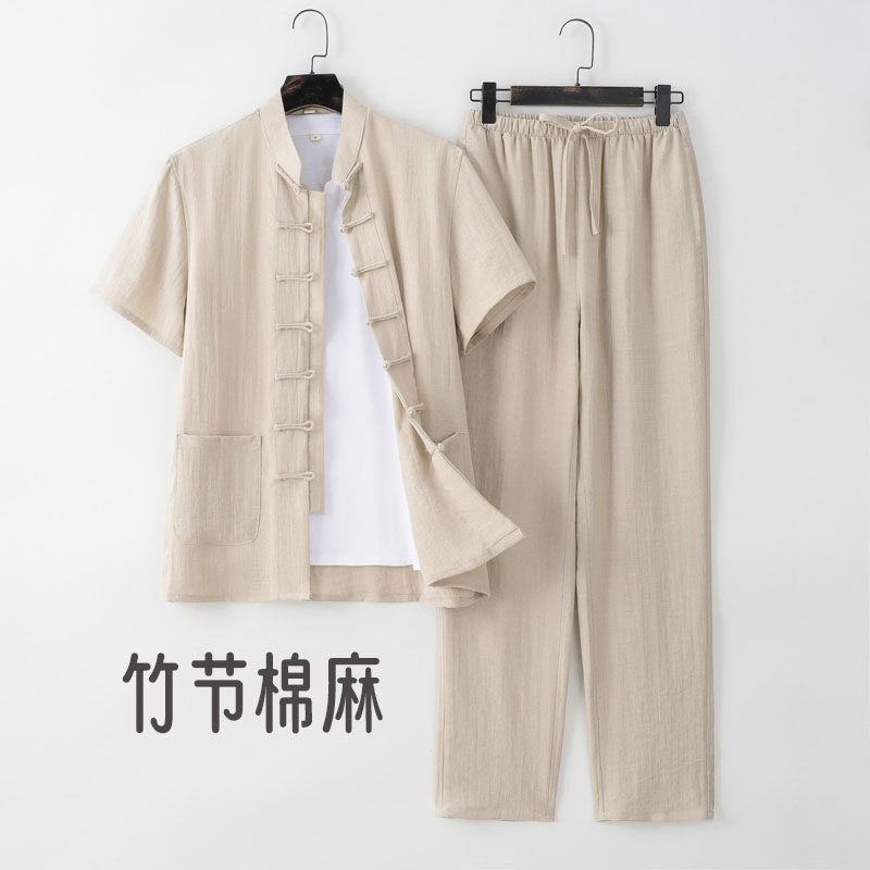 中国风夏季薄款唐装男竹节棉麻短袖套装中式复古休闲宽松禅修茶服