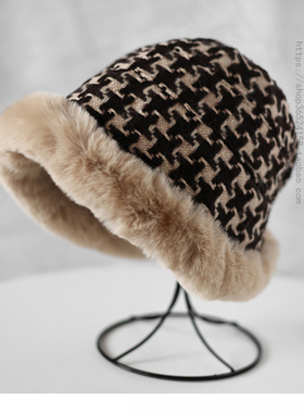 冬季渔夫帽护耳毛绒千鸟格子防寒加厚保暖东北2022年爆款雷锋帽女