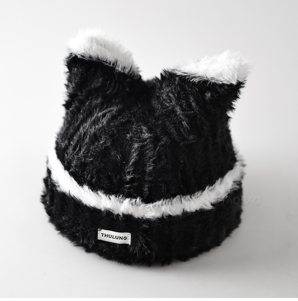 字母布标毛绒拼色猫耳毛线帽女甜美可爱保暖护耳显脸小防风御寒