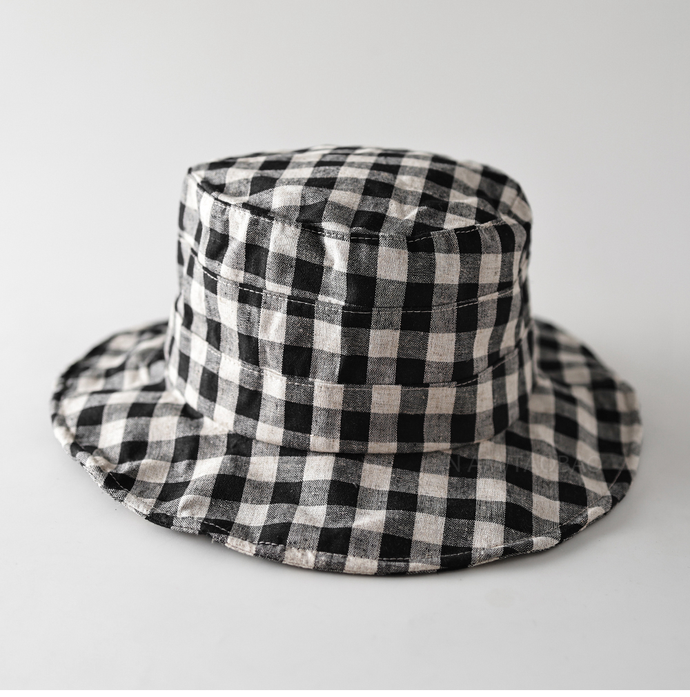 韩系简约格纹棉麻平顶渔夫帽男女同款时尚休闲百搭遮阳遮阳帘盆帽