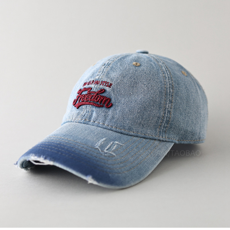 春夏新款字母渐变棒球帽男女时尚个性帽子破洞深顶水洗i美式牛仔