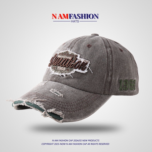 复古做旧英文棒球帽女韩版 百搭刺绣情侣破洞弯檐水洗鸭舌帽男潮