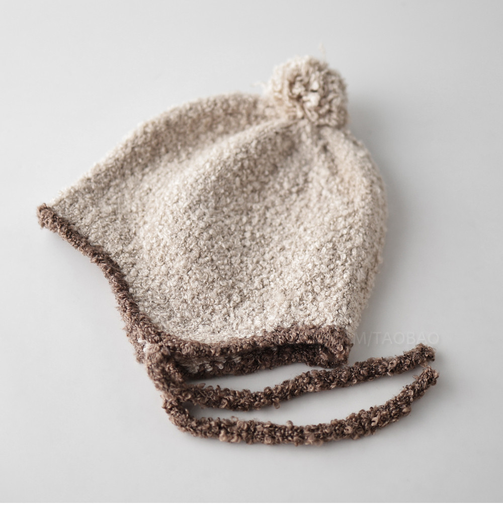 撞色描边毛圈毛球针织帽女简约可爱甜美百搭保暖护耳显脸小毛线帽