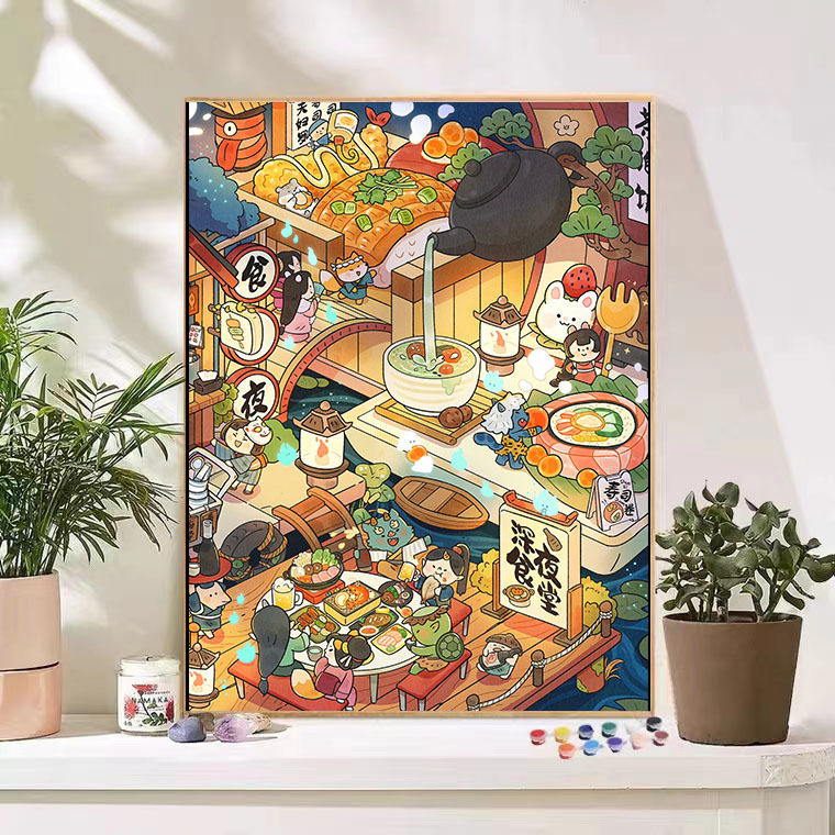 深夜食堂diy数字油画卡通小场景手工填色治愈解压熊猫喝茶装饰画