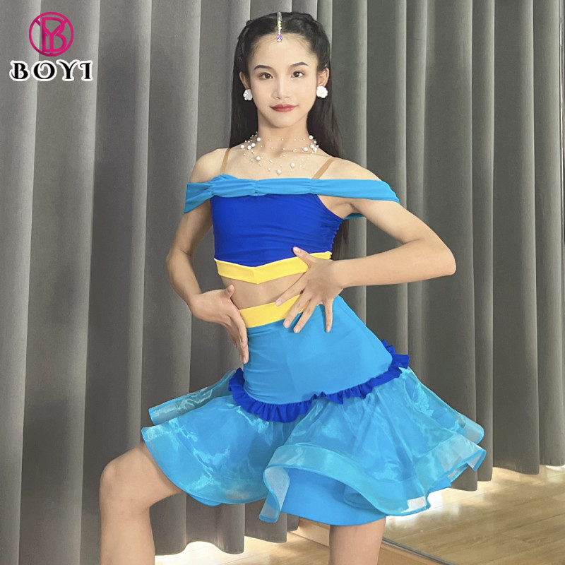博翼少儿拉丁舞服高端专业露肩吊带练习功表演出纱裙女童新款大摆