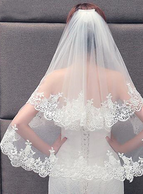 欧美跨境外贸白色蕾丝头纱双层短款婚纱头纱婚礼头饰新娘头纱代发