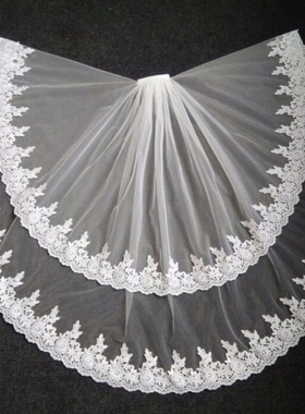 新款新娘头纱白色两层水溶蕾丝边外贸面纱速卖通亚马逊婚纱头纱