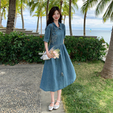 新中式风复古高级感连衣裙女夏季新款小个子文艺范小清新牛仔裙，女装连衣裙，2C010